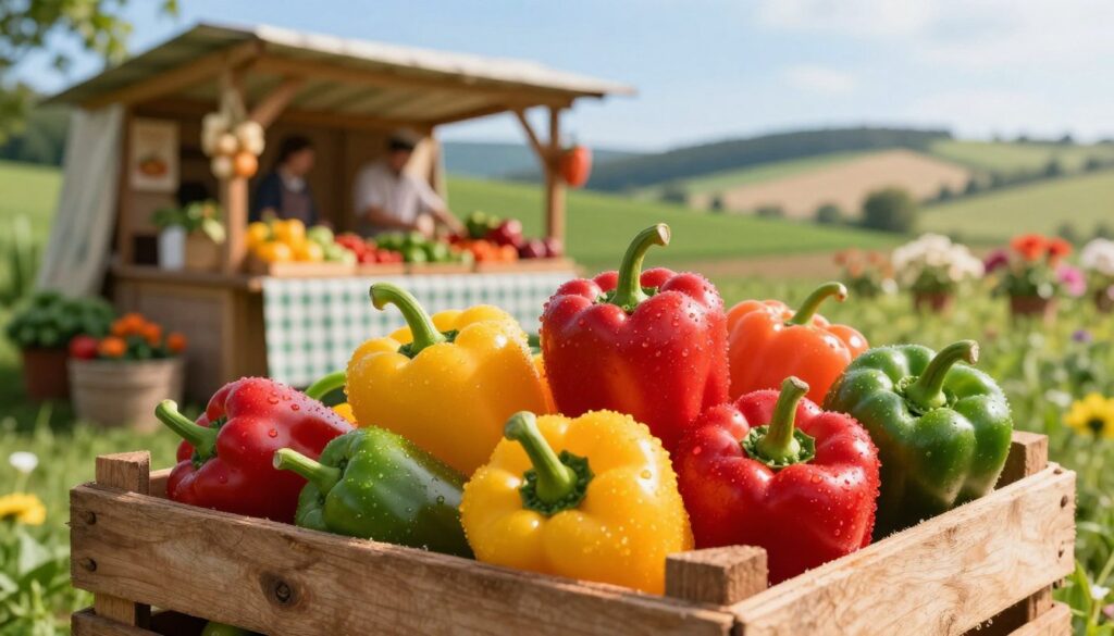 A picturesque scene capturing the essence of pepper season in Poland, showcasing vibrant red, yellow, and green peppers arranged artistically in a rustic wooden crate. In the foreground, the peppers glisten with morning dew, emphasizing their freshness. The middle ground features a quaint farmer's market stall adorned with seasonal produce, surrounded by lush greenery and blooming flowers. In the background, gentle hills hint at the Polish countryside under a clear blue sky, with soft sunlight illuminating the scene, creating a warm, inviting atmosphere. The composition should evoke a sense of abundance and celebration of the harvest, perfect for highlighting the peak of pepper season. Use a slightly blurred effect for the background to draw attention to the vivid colors of the peppers in the foreground. A picturesque scene capturing the essence of pepper season in Poland, showcasing vibrant red, yellow, and green peppers arranged artistically in a rustic wooden crate. In the foreground, the peppers glisten with morning dew, emphasizing their freshness. The middle ground features a quaint farmer's market stall adorned with seasonal produce, surrounded by lush greenery and blooming flowers. In the background, gentle hills hint at the Polish countryside under a clear blue sky, with soft sunlight illuminating the scene, creating a warm, inviting atmosphere. The composition should evoke a sense of abundance and celebration of the harvest, perfect for highlighting the peak of pepper season. Use a slightly blurred effect for the background to draw attention to the vivid colors of the peppers in the foreground.