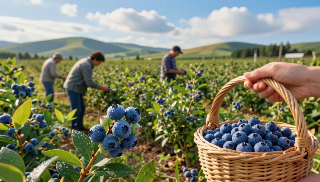 A picturesque scene of a blueberry farm during the harvest season, showcasing ripe blueberries on lush green bushes. In the foreground, vibrant blueberries glistening with morning dew, with a few hand-picked berries in a rustic wicker basket. The middle ground features farmers in modest casual clothing, carefully inspecting and gathering blueberries, surrounded by an expanse of neatly arranged rows of berry bushes. In the background, gentle hills roll under a bright blue sky with fluffy white clouds, indicating the perfect growing conditions. The lighting is warm and inviting, suggesting a late afternoon glow that enhances the colors of the fruit and foliage. The atmosphere is serene and productive, capturing the essence of the seasonal harvest.