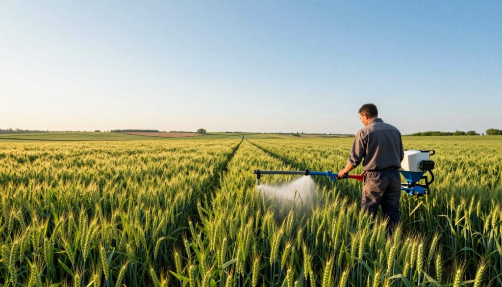 A picturesque spring scene of a lush field of wheat rising under a clear blue sky, showcasing the meticulous work of a farmer applying fertilizer to the crops. In the foreground, the farmer, dressed in practical work attire, operates a modern spreader, meticulously distributing nitrogen-rich fertilizer onto the vibrant green wheat. The middle ground features rows of healthy wheat, standing tall and vibrant, while the background reveals a rolling landscape dotted with patches of distant farmland and trees under a soft, golden sunlight. The atmosphere is serene and industrious, embodying the essence of spring agriculture, emphasizing the importance of proper fertilization for a high yield. Set with a warm, inviting light to evoke a sense of growth and renewal.