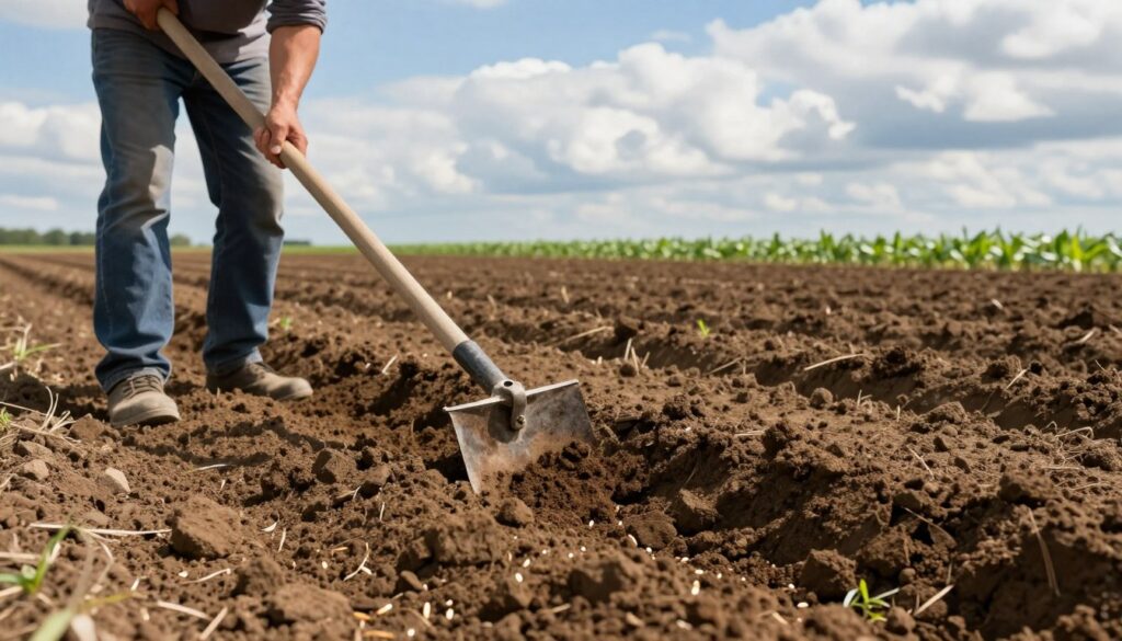 A picturesque view of a farmer preparing soil for corn planting in a rural landscape. In the foreground, show rich, brown earth being tilled with a hand hoe and scattered seeds, emphasizing the texture of the soil. In the middle ground, include neat rows of soil, each clearly defined, suggesting meticulous preparation. A few green plants are visible in the distance, hinting at the growth to come. The background features a clear blue sky with soft, white clouds, providing natural lighting that casts gentle shadows. The atmosphere is calm and industrious, reflecting the dedication of agricultural work. Capture this scene from a slightly elevated angle to reveal the rows and textures effectively, while maintaining depth in the composition. A picturesque view of a farmer preparing soil for corn planting in a rural landscape. In the foreground, show rich, brown earth being tilled with a hand hoe and scattered seeds, emphasizing the texture of the soil. In the middle ground, include neat rows of soil, each clearly defined, suggesting meticulous preparation. A few green plants are visible in the distance, hinting at the growth to come. The background features a clear blue sky with soft, white clouds, providing natural lighting that casts gentle shadows. The atmosphere is calm and industrious, reflecting the dedication of agricultural work. Capture this scene from a slightly elevated angle to reveal the rows and textures effectively, while maintaining depth in the composition.