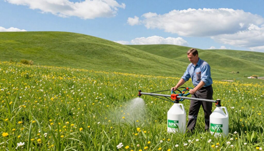 A rich, vibrant landscape of lush spring meadows dotted with wildflowers, showcasing the process of applying nitrogen, phosphate, and potassium (NPK) fertilizers. In the foreground, a farmer in professional attire is spreading granular fertilizer with a spreading machine, demonstrating careful application techniques. The middle ground features rolling green hills and healthy grass, symbolizing the nourishment provided by NPK, while a clear blue sky with fluffy white clouds enhances the freshness of spring. The lighting is bright and natural, casting soft shadows that highlight the texture of the grass. The mood is optimistic and productive, conveying the importance of proper fertilization for high-quality forage.