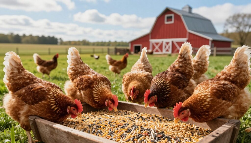 A richly detailed farm scene depicting a variety of grains and feed for chickens. In the foreground, a rustic wooden trough filled with a colorful mixture of grains and seeds, surrounded by healthy, lively chickens pecking at the feed. The middle ground features a lush green pasture dotted with more chickens, ranging in breeds, showcasing their vibrant feathers under soft, warm sunlight. In the background, a classic red barn contrasts with the blue sky and fluffy white clouds, adding a pastoral charm. The scene captures a serene and thriving farm atmosphere, emphasizing the importance of adequate feed for chicken health. The composition should have natural lighting that highlights the vibrant colors of the grains and chickens, creating a warm, inviting mood.
