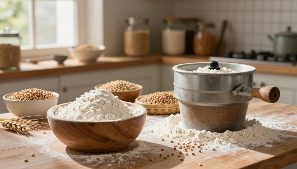 A rustic kitchen scene featuring freshly milled flour made from whole grains. In the foreground, a wooden bowl overflowing with soft, white flour sits next to a hand-operated grain mill, with grains scattered around. The middle ground includes a variety of unprocessed grains, such as wheat, rye, and oats, highlighting their natural textures. Bright, warm natural light filters through a nearby window, casting soft shadows and giving a cozy atmosphere. In the background, shelves adorned with jars of grains and vintage baking tools create a nostalgic ambiance. The overall mood is one of craftsmanship and practicality, emphasizing the beauty of natural ingredients and the process of making fresh flour.