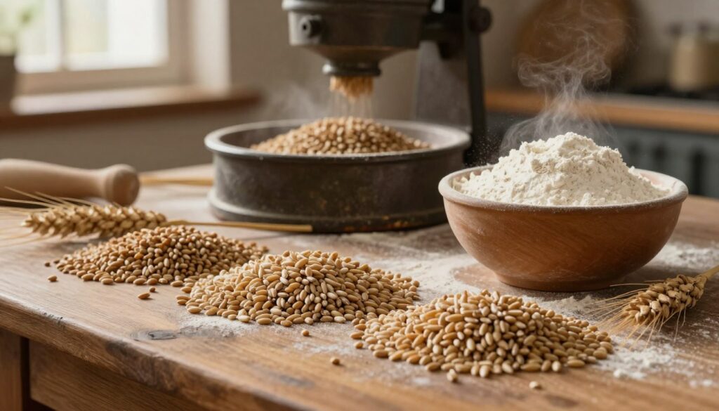 A rustic kitchen scene focused on a wooden table, showcasing various types of grains arranged in a visually appealing manner, alongside a bowl of freshly milled flour. The foreground features detailed grains like wheat, rye, and spelt, with their unique textures clearly visible. In the middle, there’s an antique grain mill partially visible as it processes the grains, with soft flour dust drifting in the air. The background includes warm, soft lighting filtering through a window, casting gentle shadows that enhance the mood of traditional baking. The overall atmosphere should evoke a sense of homely craftsmanship and the art of milling grains for baking.