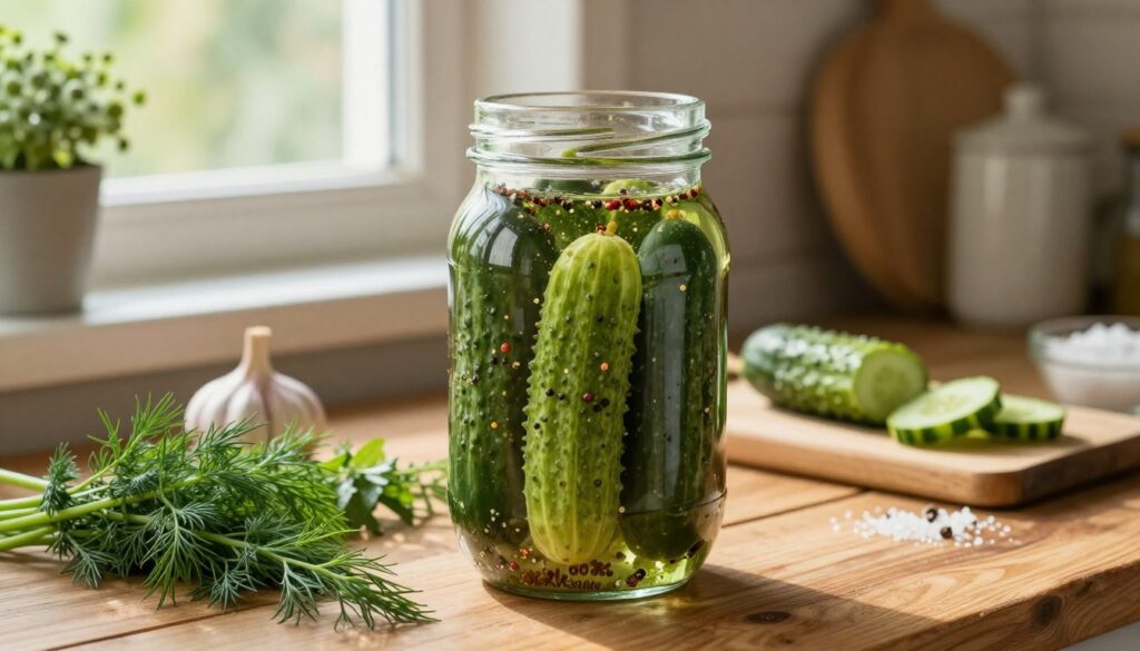 A rustic kitchen setting featuring a glass jar filled with freshly pickled cucumbers, or "ogórki kiszenia," adorned with spices like dill and garlic. In the foreground, showcase a close-up of aromatic herbs, while the middle of the scene highlights the jar prominently placed on a wooden table. In the background, natural light filters through a nearby window, casting a warm glow that enhances the vibrant green hues of the cucumbers. Include subtle details such as a cutting board with sliced cucumbers and a small bowl of salt, all set against a backdrop of cozy kitchen elements. The atmosphere should evoke a sense of warmth, nostalgia, and the joys of home preserving in late summer. A rustic kitchen setting featuring a glass jar filled with freshly pickled cucumbers, or "ogórki kiszenia," adorned with spices like dill and garlic. In the foreground, showcase a close-up of aromatic herbs, while the middle of the scene highlights the jar prominently placed on a wooden table. In the background, natural light filters through a nearby window, casting a warm glow that enhances the vibrant green hues of the cucumbers. Include subtle details such as a cutting board with sliced cucumbers and a small bowl of salt, all set against a backdrop of cozy kitchen elements. The atmosphere should evoke a sense of warmth, nostalgia, and the joys of home preserving in late summer.