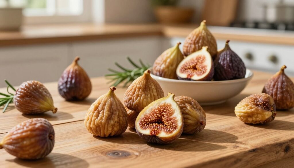 A rustic wooden table adorned with an assortment of dried figs in various shapes and sizes, showcasing their rich brown, golden, and purple hues. In the foreground, a beautifully arranged pile of whole dried figs, some cut in half to reveal their textured, sweet interior. In the middle, a small bowl of figs elegantly placed beside a sprig of fresh rosemary, hinting at their culinary uses. The background features a softly blurred kitchen setting with warm, natural light streaming in from a nearby window, casting gentle shadows and creating an inviting atmosphere. The image should evoke a sense of warmth and coziness, emphasizing the timeless appeal of dried figs enjoyed year-round.
