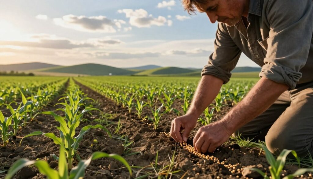 A scenic view of a farmer hand-planting corn seeds in a lush, green field during golden hour, with soft sunlight filtering through wispy clouds. The foreground features the farmer, wearing modest casual clothing, kneeling on the ground, carefully placing seeds into evenly spaced rows. The middle ground showcases neat, emerging corn sprouts, illustrating the concept of even spacing for uniform plant growth. In the background, rolling hills are visible under a blue sky, symbolizing fertile farmland. The mood feels serene and productive, emphasizing the importance of technique in planting. The composition is captured in a wide-angle view, highlighting the vastness of the field while maintaining focus on the farmer's hands at work. A scenic view of a farmer hand-planting corn seeds in a lush, green field during golden hour, with soft sunlight filtering through wispy clouds. The foreground features the farmer, wearing modest casual clothing, kneeling on the ground, carefully placing seeds into evenly spaced rows. The middle ground showcases neat, emerging corn sprouts, illustrating the concept of even spacing for uniform plant growth. In the background, rolling hills are visible under a blue sky, symbolizing fertile farmland. The mood feels serene and productive, emphasizing the importance of technique in planting. The composition is captured in a wide-angle view, highlighting the vastness of the field while maintaining focus on the farmer's hands at work.
