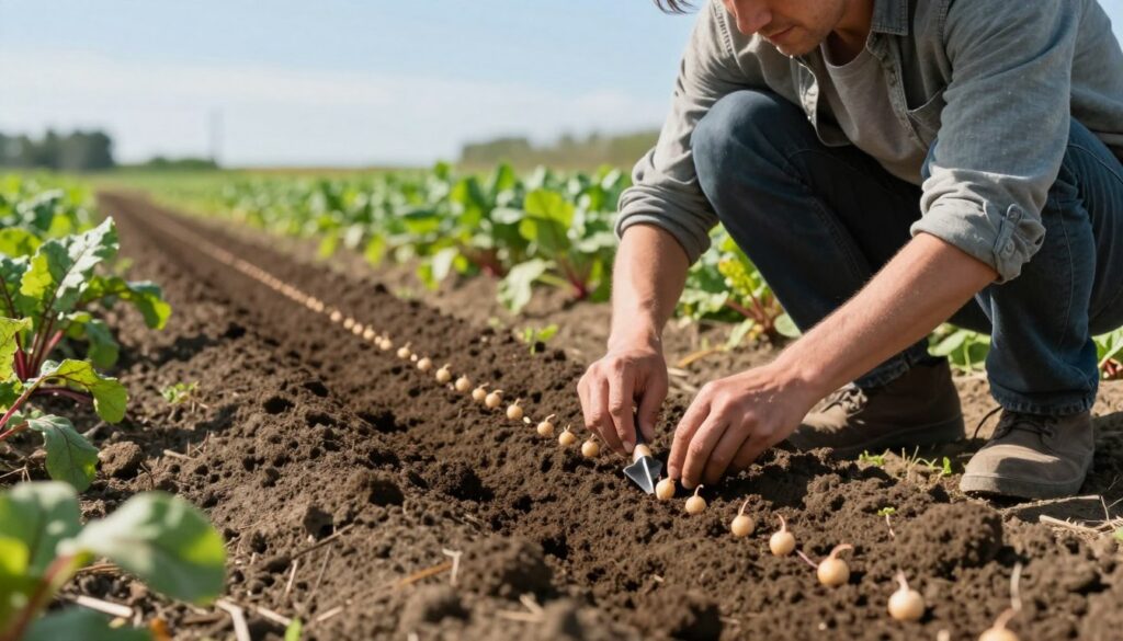 A serene agricultural setting depicting the process of sowing beet seeds. In the foreground, a gardener in modest casual clothing is crouched down, meticulously planting beet seeds in rows in rich, dark soil, with a small hand tool. The gardener's expression is focused and engaged. In the middle ground, freshly sown rows of beet seeds can be seen, showing the depth and spacing clearly. Surrounding the area are vibrant green plants indicating early growth, adding a lush contrast. In the background, a clear blue sky enhances a sunny atmosphere, with soft, natural lighting creating gentle shadows. The overall mood is calm and productive, embodying the meticulous care involved in planting beets. A serene agricultural setting depicting the process of sowing beet seeds. In the foreground, a gardener in modest casual clothing is crouched down, meticulously planting beet seeds in rows in rich, dark soil, with a small hand tool. The gardener's expression is focused and engaged. In the middle ground, freshly sown rows of beet seeds can be seen, showing the depth and spacing clearly. Surrounding the area are vibrant green plants indicating early growth, adding a lush contrast. In the background, a clear blue sky enhances a sunny atmosphere, with soft, natural lighting creating gentle shadows. The overall mood is calm and productive, embodying the meticulous care involved in planting beets.