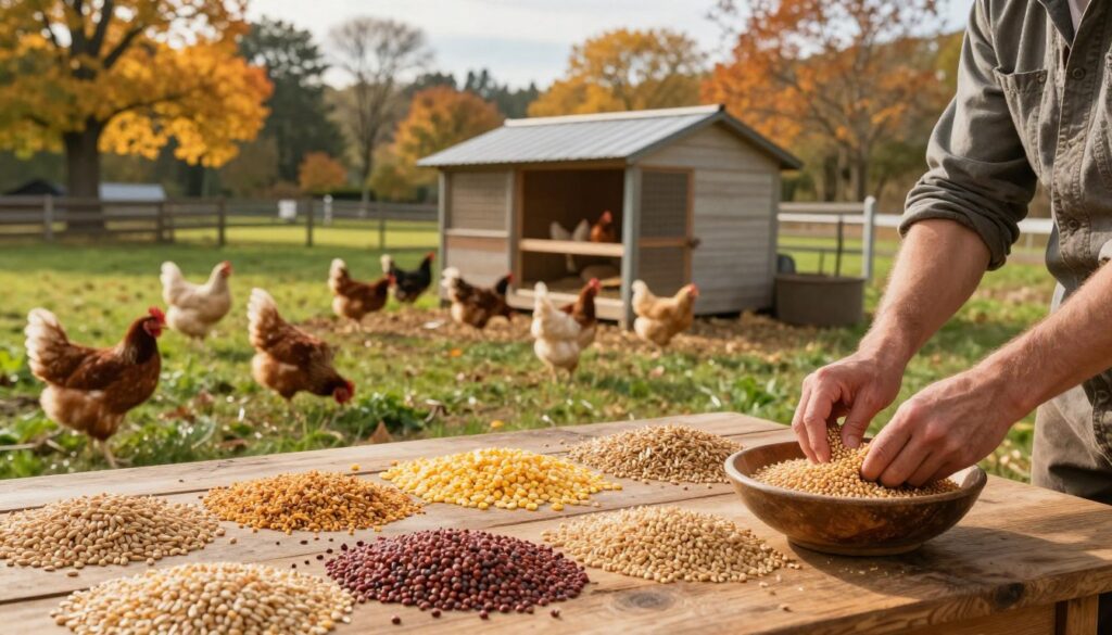 A serene farm setting during the changing seasons, showcasing a variety of grains suitable for chickens. In the foreground, a wooden table displays an array of colorful grains like corn, wheat, and barley, with a farmer gently mixing them in a rustic bowl. The middle ground features green pastures and a well-maintained chicken coop, with healthy chickens pecking around, reflecting their diverse diet. In the background, vibrant trees display autumn leaves, hinting at the seasonal changes impacting the grain mix. The lighting is warm and inviting, casting a soft golden hue over the scene, suggesting a calm and productive atmosphere, captured with a wide-angle lens to embrace the farm's expansive beauty.