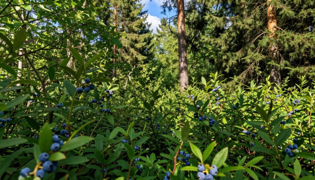 A serene forest scene during berry-picking season in Poland, showcasing a rich tapestry of vibrant green foliage and clusters of ripe blueberries nestled among the underbrush. In the foreground, a close-up view of lush blueberry bushes with glistening fruits, illuminated by soft, dappled sunlight filtering through the tree canopy. The middle ground features diverse trees—tall pines and broadleaf trees—setting a natural frame for the scene. In the background, hints of a clear blue sky peek through the leaves, adding depth and brightness. The atmosphere is tranquil and inviting, evoking a sense of anticipation for the berry harvest. Capture the essence of the wilderness in a vivid, lifelike style with a focus on natural colors and textures, using a shallow depth of field to enhance the details in the foreground.