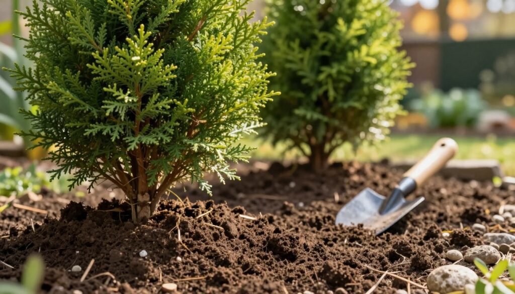 A serene garden scene featuring soil under healthy, lush thuja trees, illustrating the connection between soil quality and fertilizer effectiveness. In the foreground, rich dark brown soil is visible, showcasing texture and moisture retention, with scattered small stones indicating good drainage. Bright green tuja foliage provides a vibrant backdrop, with soft sunlight filtering through the branches, creating dappled light effects on the soil. In the middle ground, a gardening trowel rests on the soil, signifying nourishment efforts. The background includes blurred greenery, enhancing depth, while muted earth tones reflect the calm, autumn atmosphere. The overall mood is tranquil and inviting, emphasizing the importance of soil health for plant vitality.