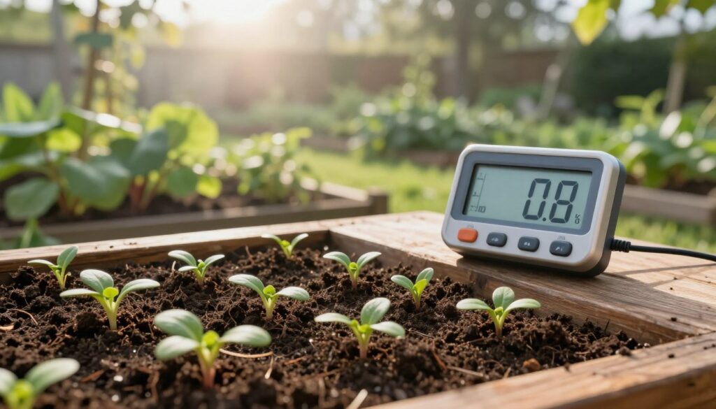 A serene garden scene illustrating the concepts of temperature and humidity for successful seed germination. In the foreground, rich, dark soil with small sprouts of beetroot seedlings emerging, representing early growth. The middle ground features a digital thermometer and a hygrometer placed on a wooden garden table, showing ideal readings for germination. Sunlight filters through a gentle morning haze, casting soft shadows and creating a warm atmosphere. The background is lush with greenery, including mature plants and trees, symbolizing a healthy environment. The overall mood is peaceful and hopeful, emphasizing the nurturing aspect of gardening and plant care. The composition is shot from a slight overhead angle to capture both the seedlings and the measurement tools effectively. A serene garden scene illustrating the concepts of temperature and humidity for successful seed germination. In the foreground, rich, dark soil with small sprouts of beetroot seedlings emerging, representing early growth. The middle ground features a digital thermometer and a hygrometer placed on a wooden garden table, showing ideal readings for germination. Sunlight filters through a gentle morning haze, casting soft shadows and creating a warm atmosphere. The background is lush with greenery, including mature plants and trees, symbolizing a healthy environment. The overall mood is peaceful and hopeful, emphasizing the nurturing aspect of gardening and plant care. The composition is shot from a slight overhead angle to capture both the seedlings and the measurement tools effectively.
