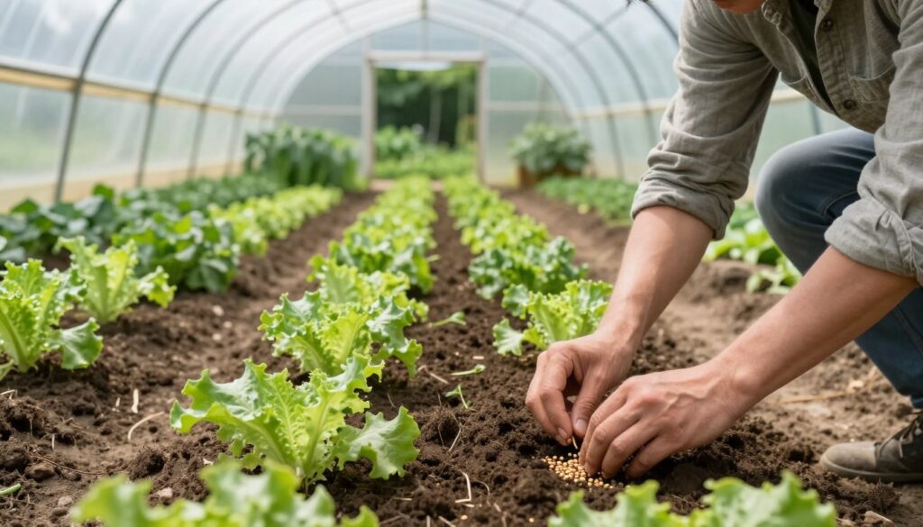 A serene garden scene illustrating the process of sowing and planting in a tunnel greenhouse. In the foreground, a gardener, dressed in modest casual clothing, is gently placing seeds into rich soil, focused and methodical. The middle ground showcases rows of young lettuce plants thriving under the protective cover of the tunnel, with clear soil paths allowing access. Soft, diffused natural light filters through the translucent plastic of the greenhouse, casting delicate shadows on the ground. In the background, lush greenery can be seen through the tunnel’s entrance, enhancing the feeling of a thriving environment. The mood is calm and nurturing, capturing the essence of careful agricultural practices. A serene garden scene illustrating the process of sowing and planting in a tunnel greenhouse. In the foreground, a gardener, dressed in modest casual clothing, is gently placing seeds into rich soil, focused and methodical. The middle ground showcases rows of young lettuce plants thriving under the protective cover of the tunnel, with clear soil paths allowing access. Soft, diffused natural light filters through the translucent plastic of the greenhouse, casting delicate shadows on the ground. In the background, lush greenery can be seen through the tunnel’s entrance, enhancing the feeling of a thriving environment. The mood is calm and nurturing, capturing the essence of careful agricultural practices.
