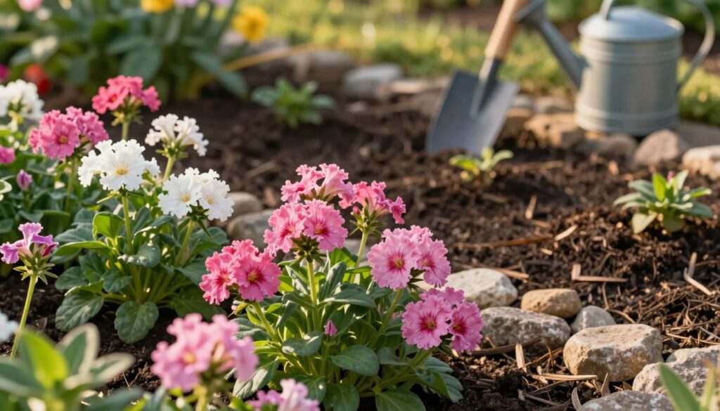 A serene garden setting featuring "Dianthus barbatus," also known as the bearded pink, in full bloom. In the foreground, clusters of vibrant pink and white flowers are interspersed with lush green foliage, showcasing their frilled petals and distinct colors. The middle ground reveals a well-prepared planting bed with rich, dark soil, surrounded by small stones and scattered organic mulch, indicating proper garden preparation. In the background, softly blurred garden tools, such as a trowel and watering can, suggest an organized workspace. The scene is bathed in warm, golden sunlight, creating a tranquil and inviting atmosphere. Capture this from a slightly elevated angle, emphasizing the flowers' detail and their suitability for a healthy garden environment.