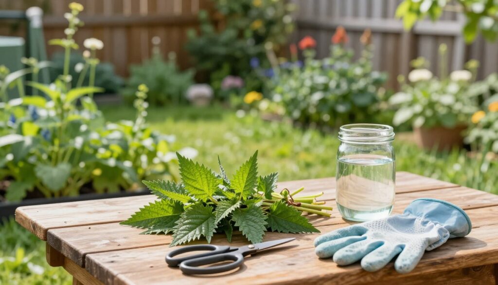 A serene garden setting in a sunny backyard, showcasing a process of creating homemade nettle fertilizer. In the foreground, a rustic wooden table displays fresh nettle plants, scissors, gloves, and a glass jar filled with water. The middle ground features a lush green garden with various herbs and vegetables growing nearby, under warm sunlight. In the background, a wooden fence and flowering plants add depth and vibrancy. Soft, natural lighting enhances the freshness of the plants, while a shallow depth of field keeps the focus on the nettles. The overall mood is organic, inviting, and educational, illustrating the simplicity and natural beauty of homemade plant nutrition. The image is vibrant and rich, without any text or distractions.