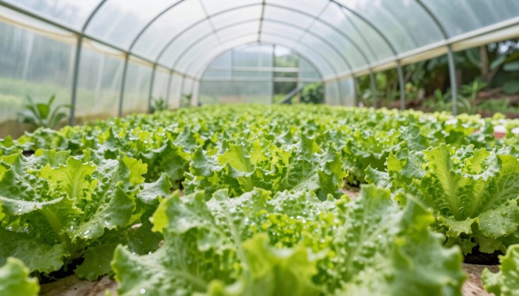 A serene image of a temperature-controlled tunnel for growing lettuce, with rows of vibrant green lettuce plants thriving under soft, diffused natural light. In the foreground, display a close-up of healthy lettuce leaves glistening with moisture, showcasing their texture. The middle section features the tunnel structure, constructed with transparent plastic, allowing sunlight to filter through, illuminating the plants. The background includes lush greenery outside the tunnel, indicating an ideal growing environment. The atmosphere is calm and conducive to plant growth, emphasizing the balance of temperature and light. Capture the scene from a slightly elevated angle to show the depth of the tunnel while highlighting the tranquility of this controlled growth space. A serene image of a temperature-controlled tunnel for growing lettuce, with rows of vibrant green lettuce plants thriving under soft, diffused natural light. In the foreground, display a close-up of healthy lettuce leaves glistening with moisture, showcasing their texture. The middle section features the tunnel structure, constructed with transparent plastic, allowing sunlight to filter through, illuminating the plants. The background includes lush greenery outside the tunnel, indicating an ideal growing environment. The atmosphere is calm and conducive to plant growth, emphasizing the balance of temperature and light. Capture the scene from a slightly elevated angle to show the depth of the tunnel while highlighting the tranquility of this controlled growth space.