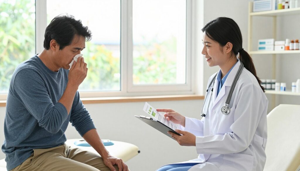 A serene indoor setting depicting a consultation between a doctor and a patient addressing hay fever treatment. In the foreground, a middle-aged patient, dressed in smart casual attire, is sitting on an examination bed, looking attentive and slightly anxious. The doctor, a young female in a professional white coat and stethoscope, is seated nearby with a reassuring smile, holding a clipboard and pointing to allergy-related educational materials. In the middle ground, a bright window reveals a view of a sunny day outside, symbolizing pollen season, with soft, natural light illuminating the room. In the background, shelves with allergy-related medications and medical charts enhance the clinical atmosphere. The mood is calm, supportive, and informative, creating a sense of hope and understanding for those dealing with seasonal allergies. A serene indoor setting depicting a consultation between a doctor and a patient addressing hay fever treatment. In the foreground, a middle-aged patient, dressed in smart casual attire, is sitting on an examination bed, looking attentive and slightly anxious. The doctor, a young female in a professional white coat and stethoscope, is seated nearby with a reassuring smile, holding a clipboard and pointing to allergy-related educational materials. In the middle ground, a bright window reveals a view of a sunny day outside, symbolizing pollen season, with soft, natural light illuminating the room. In the background, shelves with allergy-related medications and medical charts enhance the clinical atmosphere. The mood is calm, supportive, and informative, creating a sense of hope and understanding for those dealing with seasonal allergies.