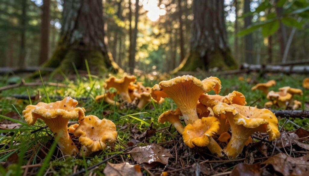 A tranquil forest scene filled with vibrant golden chanterelle mushrooms (kurki) nestled among lush green grass and moist, earthy soil. In the foreground, clusters of these mushrooms are surrounded by fallen leaves and twigs, showcasing their unique shape and texture. In the middle ground, tall trees with thick trunks create a natural canopy, allowing dappled sunlight to filter through the leaves, casting gentle shadows. The background reveals a dreamy, soft-focus of further foliage, enhancing the depth of the forest. The ambiance feels serene and inviting, perfect for a peaceful mushroom foraging experience. The lighting is warm, embodying a late afternoon glow. A shallow depth of field emphasizes the mushrooms while softly blurring the surrounding elements, capturing the essence of a mushroom-rich habitat.