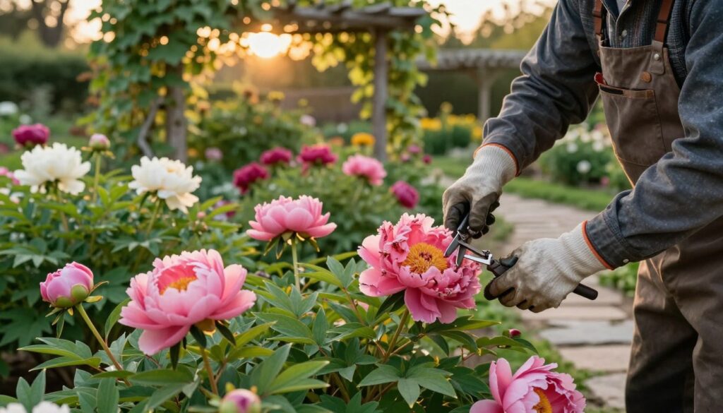 A tranquil garden scene showcasing the care and maintenance of peonies after blooming. In the foreground, a gardener, dressed in sturdy work clothes and gloves, is gently pruning a cluster of vibrant pink peonies, carefully snipping away wilted flowers. The middle ground features lush greenery and a variety of colorful peony blooms in different stages of life, accentuating their beauty and seasonal change. In the background, a soft-focus view of a stone path leads to a wooden trellis covered in climbing vines, illuminated by warm, golden sunlight filtering through leaves. The atmosphere is serene and nurturing, evoking a sense of seasonal transition and attentive care.
