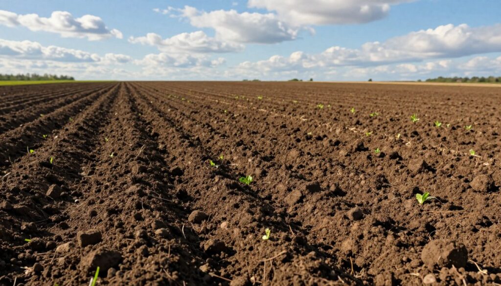 A vibrant and fertile field prepared for growing beets, showcasing rich, dark soil ready for planting. In the foreground, freshly tilled earth with small clumps indicating high organic matter, accented by hints of green cover crops sprouting. The middle ground features neatly organized rows of freshly turned soil, emphasizing proper conditioning and depth for beet sowing. In the background, a clear blue sky with fluffy white clouds, enhancing the bright daylight. The scene exudes a sense of tranquility and readiness, reflecting optimal agricultural conditions. The lighting is soft and natural, suggesting early morning or late afternoon, creating a warm and inviting atmosphere. No people or text present, purely a focus on the soil and landscape. A vibrant and fertile field prepared for growing beets, showcasing rich, dark soil ready for planting. In the foreground, freshly tilled earth with small clumps indicating high organic matter, accented by hints of green cover crops sprouting. The middle ground features neatly organized rows of freshly turned soil, emphasizing proper conditioning and depth for beet sowing. In the background, a clear blue sky with fluffy white clouds, enhancing the bright daylight. The scene exudes a sense of tranquility and readiness, reflecting optimal agricultural conditions. The lighting is soft and natural, suggesting early morning or late afternoon, creating a warm and inviting atmosphere. No people or text present, purely a focus on the soil and landscape.