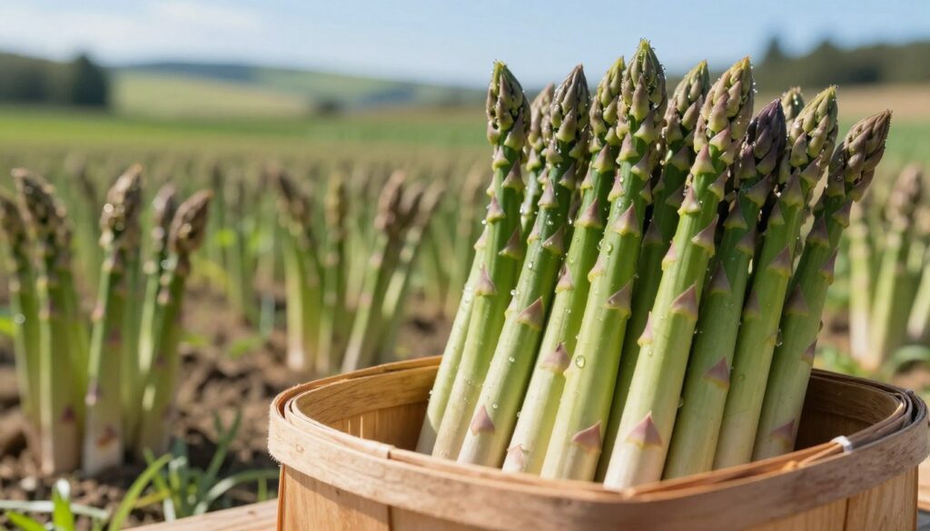 A vibrant and fresh display of asparagus spears in their prime season, showcasing both their thin and plump forms with dew glistening on their green surface. In the foreground, a cluster of freshly harvested asparagus sits in a rustic wooden basket, highlighting their crisp and tender quality. The middle ground features a lush asparagus field, with rows of green stalks stretching out under a clear blue sky. In the background, a soft-focus landscape of rolling hills adds depth to the scene. Utilize warm natural lighting, evoking a sunny day in late spring, enhancing the colors of the asparagus. The image should convey freshness and the excitement of asparagus harvest time, perfect for illustrating the beauty and appeal of seasonal produce.
