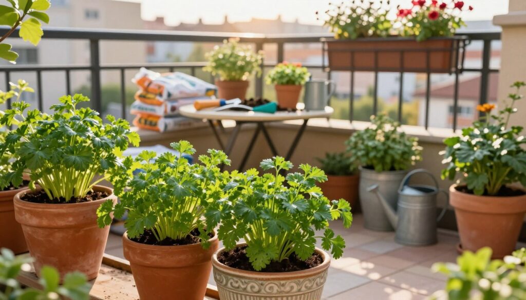 A vibrant balcony garden scene featuring lush parsley plants in decorative pots. The foreground showcases several healthy parsley plants, with bright green leaves, nestled in rustic terracotta and modern ceramic pots. In the middle ground, a small table with gardening tools, soil bags, and water cans suggests a gardening activity in progress. The background includes a sunlit balcony with a railing adorned with flowering plants, bathed in golden afternoon light. The angle captures both the plants and the urban landscape beyond, giving a sense of tranquility and urban farming. The atmosphere is warm and inviting, emphasizing the joys of growing herbs in limited spaces.