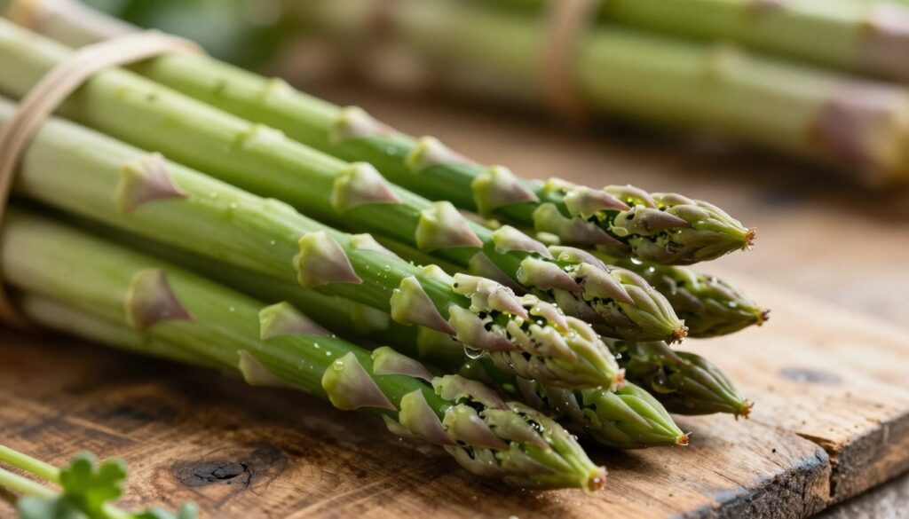 A vibrant close-up of fresh asparagus spears, showcasing their rich green color and distinct textures. The foreground features a tightly bound bunch of asparagus, with dew droplets glistening on the tips, emphasizing their freshness and tenderness. In the middle ground, a rustic wooden table provides a natural setting, adding warmth to the image. Soft, diffused natural light illuminates the scene, casting gentle shadows and highlighting the curves of the asparagus. In the background, blurred out elements of a farmer's market can be seen, suggesting a seasonal harvest atmosphere. The mood is fresh and inviting, perfect for illustrating the quality and signs of freshness in asparagus during the peak season.