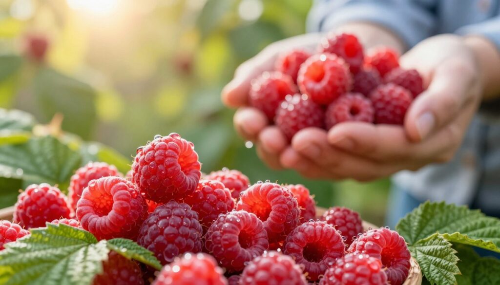A vibrant close-up of fresh raspberries, glistening with dew drops, showcasing their rich red color and textured surface. The foreground features a cluster of ripe, plump raspberries, some partially nestled among green, lush leaves. In the middle ground, a hand, depicted in a modest casual shirt, gently holds a handful of raspberries, emphasizing the act of gathering them during peak season. The background is softly blurred, revealing a sunlit garden, with soft, warm lighting creating a welcoming, summery atmosphere. The image should convey freshness and the natural allure of eating seasonal fruits, inviting viewers to appreciate the wholesome qualities of raspberries. A vibrant close-up of fresh raspberries, glistening with dew drops, showcasing their rich red color and textured surface. The foreground features a cluster of ripe, plump raspberries, some partially nestled among green, lush leaves. In the middle ground, a hand, depicted in a modest casual shirt, gently holds a handful of raspberries, emphasizing the act of gathering them during peak season. The background is softly blurred, revealing a sunlit garden, with soft, warm lighting creating a welcoming, summery atmosphere. The image should convey freshness and the natural allure of eating seasonal fruits, inviting viewers to appreciate the wholesome qualities of raspberries.