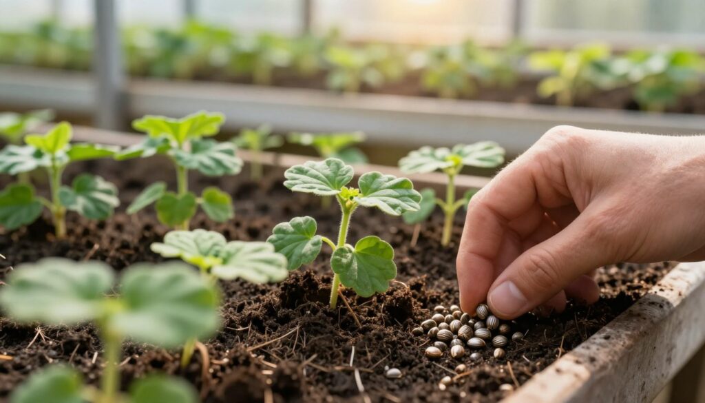 A vibrant close-up of pelargonie (geranium) seeds nestled in rich, dark soil, showcasing their round, textured surfaces. In the foreground, a gardener’s hand gently sows these seeds into a small, rustic pot. The middle ground features an array of healthy, green pelargonie seedlings emerging from the soil, their delicate leaves unfurling towards soft, warm sunlight. In the background, a sunlit greenhouse with shelves filled with various seedlings creates a bright and inviting atmosphere. The lighting is warm and natural, enhancing the freshness of the scene, with soft shadows adding depth. The overall mood is one of nurturing and growth, evoking the rewarding experience of cultivating geraniums from seeds. A vibrant close-up of pelargonie (geranium) seeds nestled in rich, dark soil, showcasing their round, textured surfaces. In the foreground, a gardener’s hand gently sows these seeds into a small, rustic pot. The middle ground features an array of healthy, green pelargonie seedlings emerging from the soil, their delicate leaves unfurling towards soft, warm sunlight. In the background, a sunlit greenhouse with shelves filled with various seedlings creates a bright and inviting atmosphere. The lighting is warm and natural, enhancing the freshness of the scene, with soft shadows adding depth. The overall mood is one of nurturing and growth, evoking the rewarding experience of cultivating geraniums from seeds.