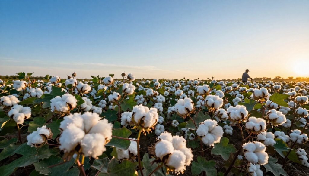 A vibrant cotton field in full bloom under a clear blue sky, with fluffy white cotton bolls contrasting against lush green leaves. In the foreground, close-up details of cotton plants, showcasing their texture and delicate flowers. In the middle ground, rows of cotton plants stretching into the distance, highlighting the uniformity of the crop. The background features a warm, golden sunset casting soft light over the field, creating a serene and tranquil atmosphere. A faint silhouette of a farmer in modest casual clothing can be seen tending to the plants, adding a human element to the scene. The image should evoke a sense of agricultural abundance and the beauty of cotton cultivation in its natural habitat. A vibrant cotton field in full bloom under a clear blue sky, with fluffy white cotton bolls contrasting against lush green leaves. In the foreground, close-up details of cotton plants, showcasing their texture and delicate flowers. In the middle ground, rows of cotton plants stretching into the distance, highlighting the uniformity of the crop. The background features a warm, golden sunset casting soft light over the field, creating a serene and tranquil atmosphere. A faint silhouette of a farmer in modest casual clothing can be seen tending to the plants, adding a human element to the scene. The image should evoke a sense of agricultural abundance and the beauty of cotton cultivation in its natural habitat.