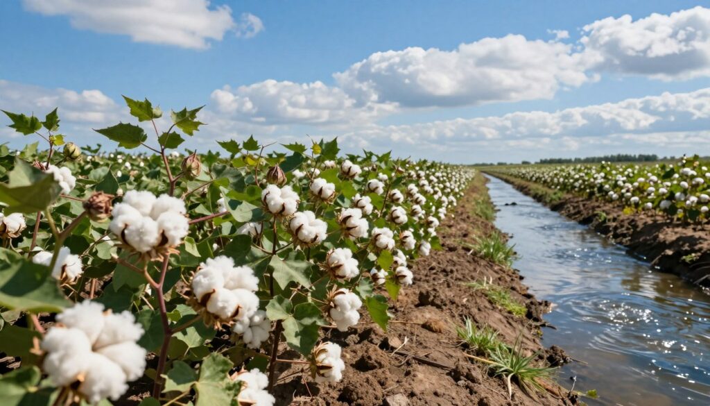 A vibrant cotton field in the foreground, showcasing lush green plants with fluffy white cotton bolls ready for harvesting, highlighting the importance of fertile soil in cotton cultivation. In the middle ground, a crystal-clear irrigation canal flows beside the field, symbolizing the vital role of water in crop growth. The background features a clear blue sky with soft, fluffy clouds, suggesting a warm and sunny climate ideal for cotton farming. The lighting is bright and natural, creating a lively and optimistic atmosphere, enhancing the colors of the soil and plants. The perspective is slightly elevated, capturing the expansive beauty of the agricultural landscape and the intertwining of soil and water essential for high-quality fiber production. A vibrant cotton field in the foreground, showcasing lush green plants with fluffy white cotton bolls ready for harvesting, highlighting the importance of fertile soil in cotton cultivation. In the middle ground, a crystal-clear irrigation canal flows beside the field, symbolizing the vital role of water in crop growth. The background features a clear blue sky with soft, fluffy clouds, suggesting a warm and sunny climate ideal for cotton farming. The lighting is bright and natural, creating a lively and optimistic atmosphere, enhancing the colors of the soil and plants. The perspective is slightly elevated, capturing the expansive beauty of the agricultural landscape and the intertwining of soil and water essential for high-quality fiber production.
