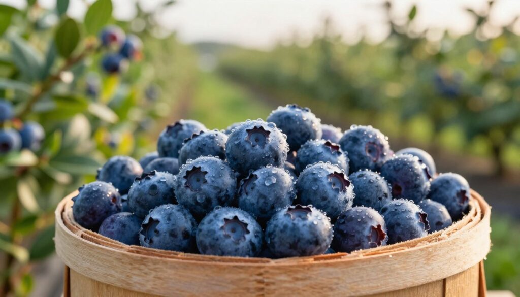 A vibrant display of fresh blueberries, glistening with morning dew, filling a rustic wooden basket, positioned in the foreground. In the background, a lush green landscape with glimpses of bushy blueberry plants under soft, warm sunlight, creating a tranquil harvesting atmosphere. The image captures the deep blues and purples of the berries contrasting with the rich green foliage. A soft focus on the background enhances the blueberries' prominence, while the gentle light filters through the leaves, providing a serene feel. The composition should evoke a sense of seasonal abundance and the joy of gathering these nutritious fruits. The overall mood is fresh, inviting, and natural, celebrating the essence of berry season.