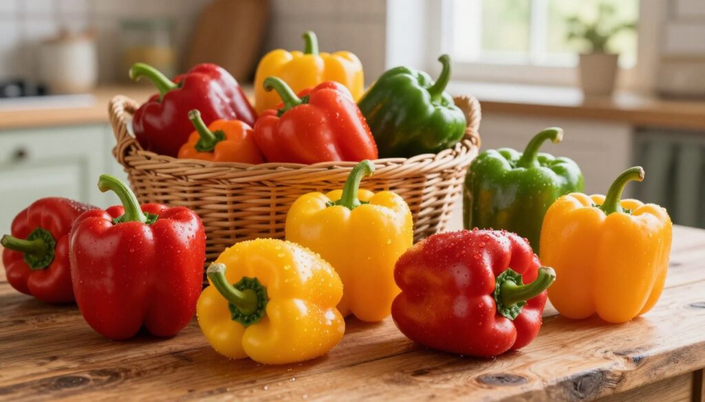 A vibrant display of various Polish bell peppers, showcasing their unique shapes and colors, arranged on a rustic wooden table. The foreground features glossy, ripe red, yellow, and green peppers, glistening with droplets of water to highlight their freshness. In the middle ground, a traditional wicker basket overflows with more paprika varieties, emphasizing local produce. The background fades into a soft-focus kitchen scene, where the warm sunlight filters through a window, casting gentle shadows and creating a cozy, inviting atmosphere. Use natural lighting to enhance the colors and textures of the peppers, conveying the essence of seasonal harvest in Poland. The composition should evoke a sense of freshness and authenticity, perfect for enjoying in home-cooked meals and preserves. A vibrant display of various Polish bell peppers, showcasing their unique shapes and colors, arranged on a rustic wooden table. The foreground features glossy, ripe red, yellow, and green peppers, glistening with droplets of water to highlight their freshness. In the middle ground, a traditional wicker basket overflows with more paprika varieties, emphasizing local produce. The background fades into a soft-focus kitchen scene, where the warm sunlight filters through a window, casting gentle shadows and creating a cozy, inviting atmosphere. Use natural lighting to enhance the colors and textures of the peppers, conveying the essence of seasonal harvest in Poland. The composition should evoke a sense of freshness and authenticity, perfect for enjoying in home-cooked meals and preserves.