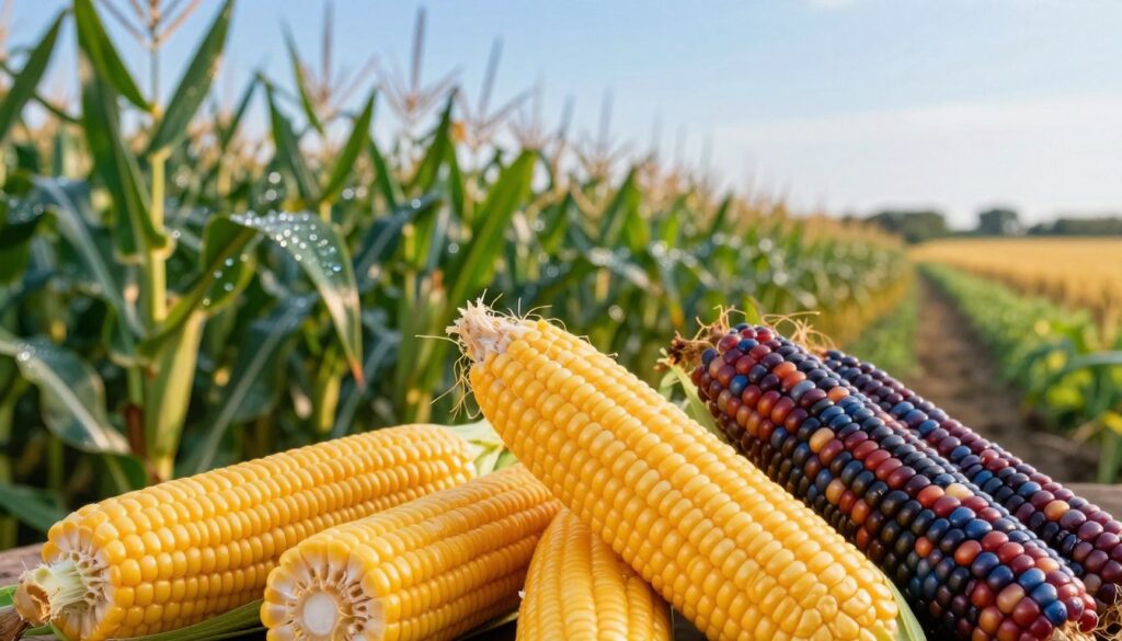 A vibrant display of various corn varieties in an agricultural setting. In the foreground, showcase three distinct types of corn: sweet corn with bright yellow kernels, field corn with larger ears, and ornamental corn with a mix of colors including red, blue, and purple. Each corn type should be cut in half to reveal its texture and interior. In the middle ground, include lush green corn plants stretching toward the sky, their leaves glistening with dew under warm morning light. The background features a soft-focus landscape of a cornfield under a clear blue sky, with a subtle hint of distant golden fields. The overall mood should be inviting and educational, emphasizing the diverse applications of corn in cooking and industry.