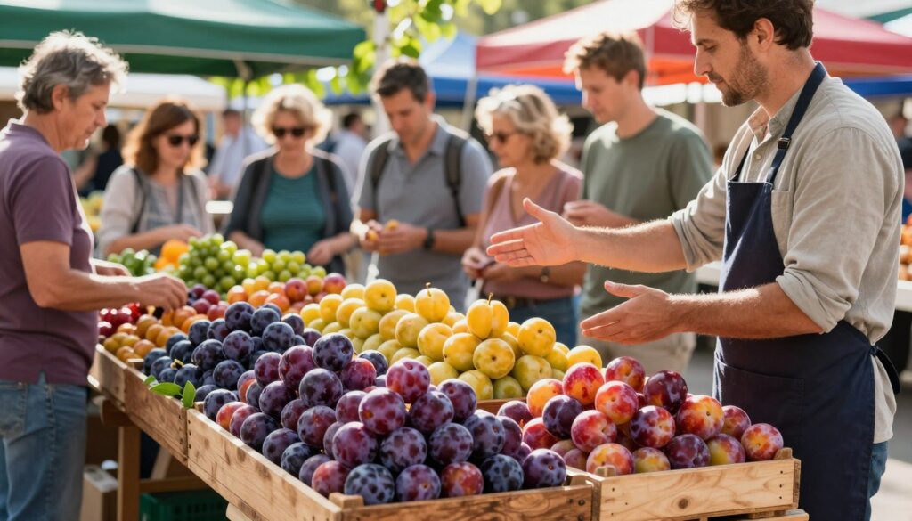 A vibrant farmer's market scene focused on fresh, ripe plums for sale. In the foreground, a rustic wooden table is laden with a variety of plums in rich purples, deep reds, and muted yellows, showcasing their luscious textures. A knowledgeable vendor, dressed in a modest casual shirt and apron, gestures towards the plums, inviting customers. In the middle ground, shoppers of various ages examine the fruits, discussing their preferences and inspecting the quality. The background features colorful market stalls adorned with leafy green accents and warm sunlight filtering through, casting a soft glow that enhances the inviting atmosphere. The image conveys a sense of community, freshness, and the joy of seasonal shopping for the best flavors. Ensure the scene is well-lit with a natural, bright ambiance that enhances the colors of the plums.