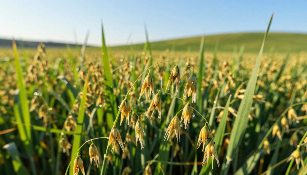 A vibrant field of oats growing under a bright, clear blue sky, showcasing the distinct long, slender grains swaying gently in the breeze. In the foreground, focus on a cluster of ripe oat spikes, each grain glistening with morning dew, capturing the intricate details of their texture and shape. The middle ground features rows upon rows of lush green oats, creating a sense of abundance and vitality. In the background, rolling hills add depth, bathed in warm sunlight, giving the scene a tranquil and serene atmosphere. The lighting is soft yet bright, suggesting a late summer afternoon. Emphasize the rich green hues of the plants along with the golden tones of the mature grains, evoking a sense of natural beauty and agricultural richness.