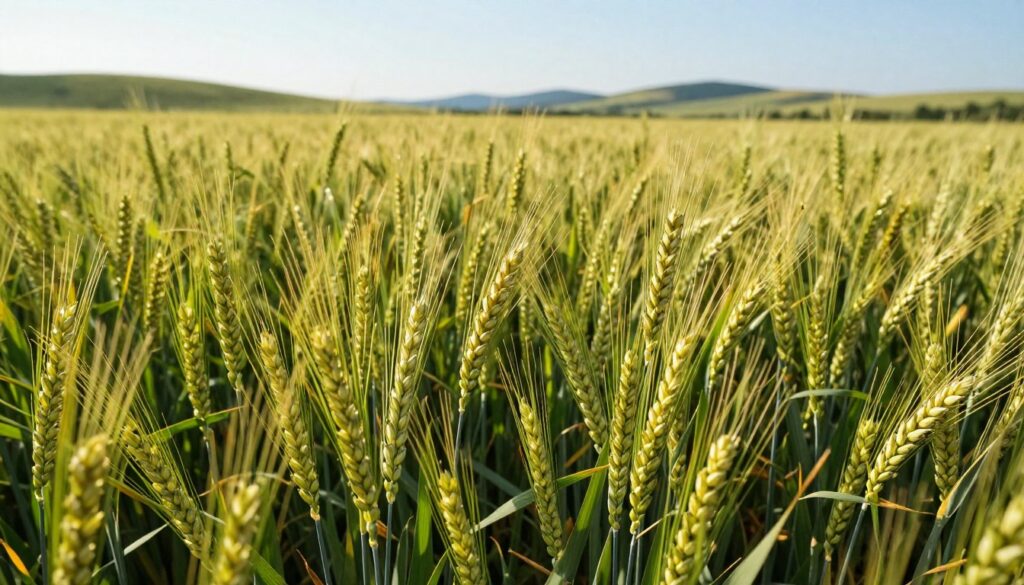 A vibrant field of rye (Secale cereale), showcasing its long, slender green stalks swaying gently in the breeze. The foreground features clusters of ripe grain heads, glistening under the warm golden sunlight. In the middle ground, a lush expanse of rye waves gracefully, capturing the essence of growth stages, from tender young shoots to mature stalks ready for harvest. The background reveals a soft-focus landscape dotted with rolling hills under a clear blue sky, enhancing the sense of depth. The image should be bathed in natural light, evoking a serene and tranquil atmosphere. The angle of the shot should be slightly elevated, providing a comprehensive view of the field, highlighting the beauty and agricultural significance of rye as a hardy grain crop.