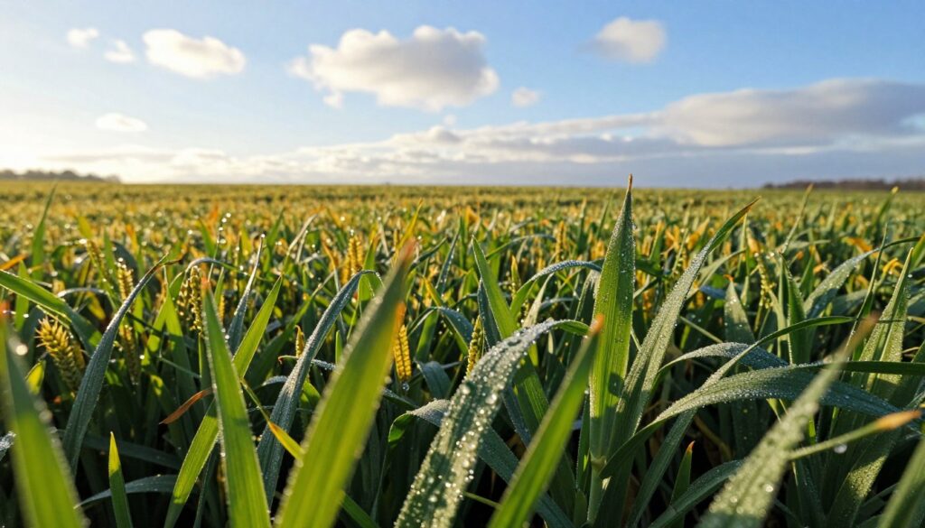 A vibrant field of winter grains at the leaf development stage, showcasing healthy green plants rich in phosphorus and microelements. In the foreground, close-up details highlight the lush, broad leaves glistening with morning dew, capturing the vitality of crops. The middle ground features waves of green and gold, demonstrating the potential for high yields, while the background reveals a clear blue sky dotted with soft white clouds, suggesting a favorable growing environment. The scene is illuminated with warm, natural sunlight creating a serene and hopeful atmosphere, emphasizing the importance of nutrient-rich soil for future harvests. The composition is captured with a wide-angle lens, enhancing depth and detail without any text or overlays. A vibrant field of winter grains at the leaf development stage, showcasing healthy green plants rich in phosphorus and microelements. In the foreground, close-up details highlight the lush, broad leaves glistening with morning dew, capturing the vitality of crops. The middle ground features waves of green and gold, demonstrating the potential for high yields, while the background reveals a clear blue sky dotted with soft white clouds, suggesting a favorable growing environment. The scene is illuminated with warm, natural sunlight creating a serene and hopeful atmosphere, emphasizing the importance of nutrient-rich soil for future harvests. The composition is captured with a wide-angle lens, enhancing depth and detail without any text or overlays.