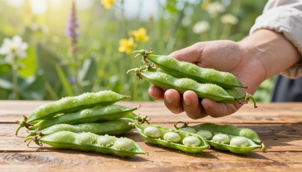 A vibrant, fresh display of fava beans ("bób") in their bright green pods, artistically arranged on a rustic wooden table. In the foreground, include several opened pods revealing the tender, white beans inside, glistening with morning dew. In the middle ground, a farmer's hand, perhaps wearing a simple linen shirt, gently holds a few fresh pods, illustrating the harvesting process. The background features lush green plants and blooming wildflowers under soft, warm sunlight, creating a serene atmosphere of late spring or early summer in Poland. Utilize a shallow depth of field to keep the focus on the bób and the farmer's hand, while soft bokeh effects create a dreamy feel. Capture the freshness and richness of the season, evoking a sense of local agriculture and seasonal delight.