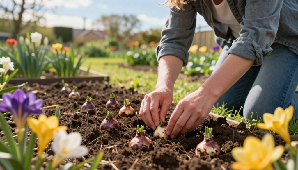 A vibrant garden scene focused on the ideal planting time for frezje (freesias). In the foreground, showcase freshly turned soil with small freesia bulbs ready to be planted, their colorful petals hinting at their eventual bloom. In the middle ground, a gardener in modest casual clothing is seen gently placing bulbs into the soil, demonstrating proper planting technique. The background features a lush, green garden landscape bathed in soft golden sunlight, creating a warm and inviting atmosphere that suggests growth and vitality. The image captures a serene, peaceful moment in nature, with clear blue skies and blooming flowers surrounding the scene, emphasizing the beauty of nurturing plants.