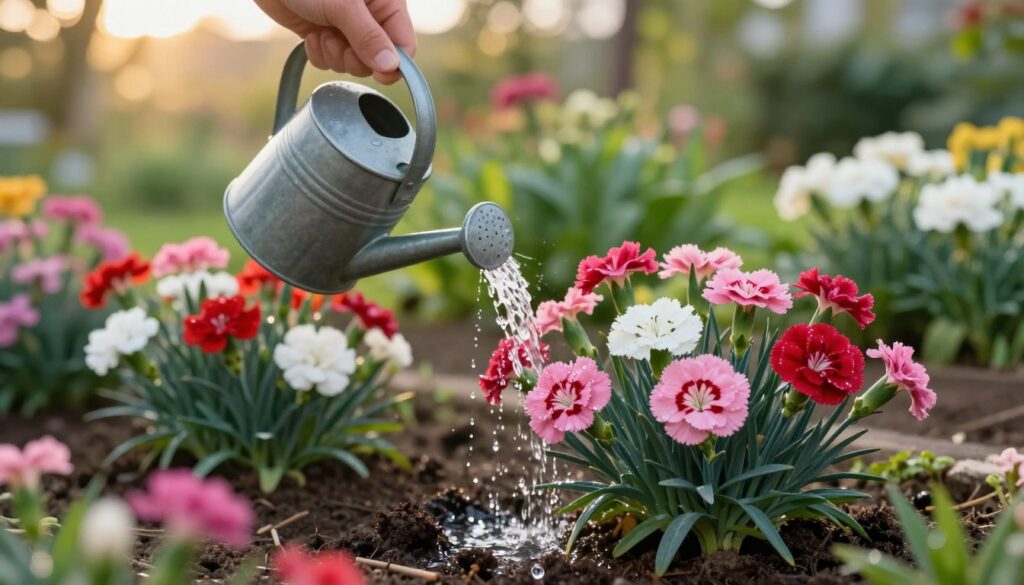A vibrant garden scene focusing on a hand gently watering a cluster of blooming brocade carnations (goździk brodaty). In the foreground, a close-up view of a watering can pouring water onto the rich, fertile soil around the colorful flowers, which display shades of pink, red, and white. The middle ground reveals healthy green foliage, with dew drops reflecting the morning sunlight. In the background, a soft-focus garden setting with blurred flower beds and lush greenery, creating a serene and peaceful ambiance. The warm, golden hour lighting casts a soft glow, enhancing the vibrancy of the flowers. The atmosphere is tranquil and nurturing, evoking a sense of care and attention in plant cultivation.
