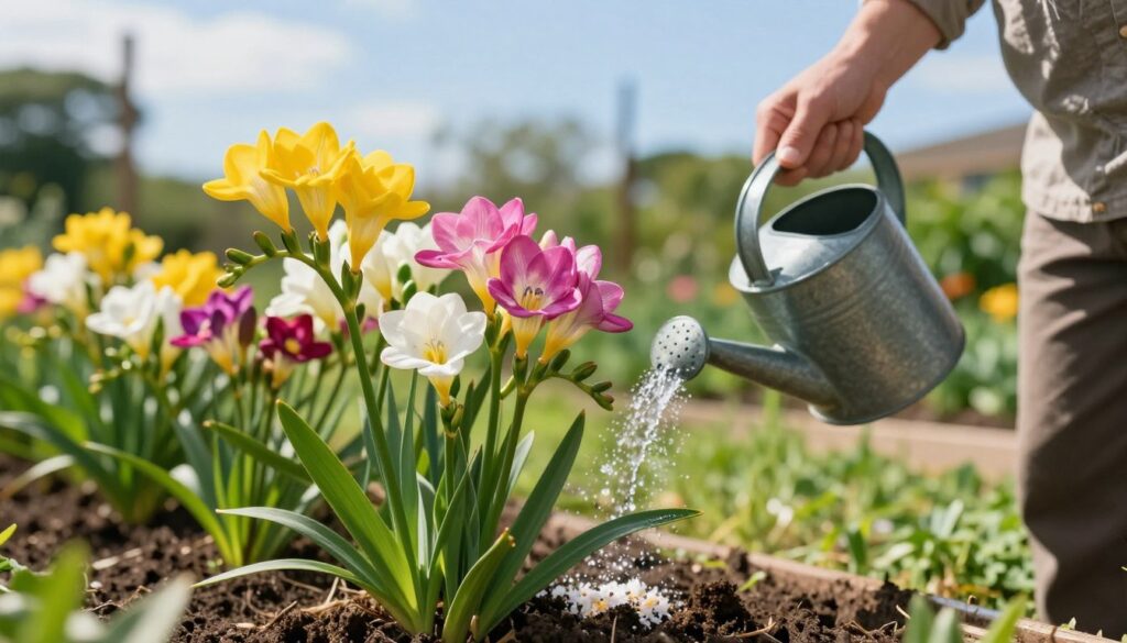 A vibrant garden scene showcasing the care of freesia flowers in full bloom. In the foreground, a gardener in modest casual clothing is gently watering the freesia plants with a watering can, showcasing their rich colors of yellow, pink, and white. In the middle, healthy freesia flowers are surrounded by well-cultivated soil, with visible signs of recent fertilization, such as granules of organic fertilizer. The background features a bright sunny day with a clear blue sky and lush greenery providing a serene atmosphere. Soft, warm lighting enhances the colors of the flowers, creating an inviting and tranquil mood, while a close-up perspective emphasizes the beauty and detail of the freesia petals and leaves.