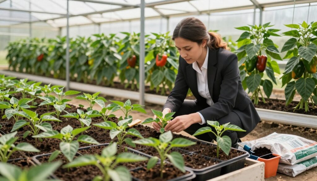 A vibrant greenhouse interior showcasing the ideal conditions for planting bell peppers. In the foreground, trays of bell pepper seedlings with lush green leaves, some ready to be transplanted. The middle ground features a gardener, dressed in professional business attire, gently inspecting the seedlings, surrounded by planting tools and soil bags. The background depicts rows of healthy, mature bell pepper plants thriving in the sunlight-filtering structure of the greenhouse, creating a warm and inviting atmosphere. Soft, natural light illuminates the scene, casting gentle shadows, enhancing the colors of the plants. The overall mood is focused and productive, capturing the essence of planning for a successful pepper cultivation in a tunnel. A vibrant greenhouse interior showcasing the ideal conditions for planting bell peppers. In the foreground, trays of bell pepper seedlings with lush green leaves, some ready to be transplanted. The middle ground features a gardener, dressed in professional business attire, gently inspecting the seedlings, surrounded by planting tools and soil bags. The background depicts rows of healthy, mature bell pepper plants thriving in the sunlight-filtering structure of the greenhouse, creating a warm and inviting atmosphere. Soft, natural light illuminates the scene, casting gentle shadows, enhancing the colors of the plants. The overall mood is focused and productive, capturing the essence of planning for a successful pepper cultivation in a tunnel.