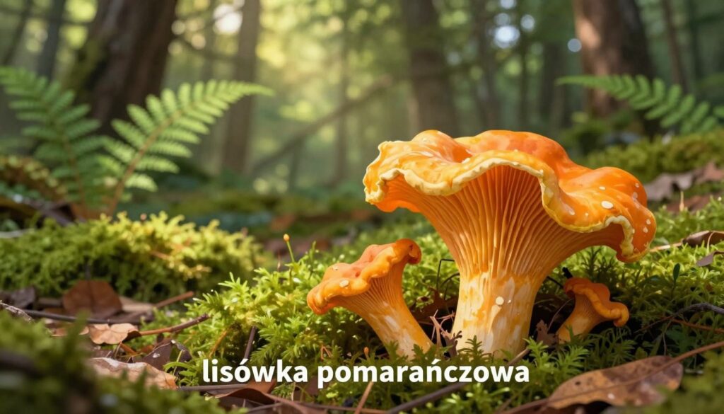 A vibrant illustration of the "lisówka pomarańczowa," also known as the orange chanterelle, set in a lush, green forest environment. In the foreground, a detailed close-up of the mushroom showcases its distinct bright orange color, creamy edges, and ribbed texture. Surrounding it, a scattering of green moss and fallen leaves creates a rich forest floor. In the middle ground, softly blurred, the dappled sunlight filters through the trees, enhancing the warm glow of the mushroom. In the background, tall tree trunks rise, partially obscured by layers of ferns and underbrush, giving depth to the scene. The atmosphere is serene and inviting, emphasizing the beauty and allure of foraging in nature during the mushroom season.