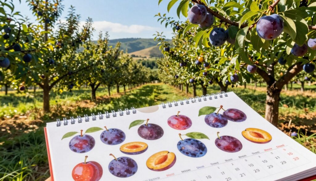 A vibrant image capturing a calendar showcasing various plum varieties, specifically Hungarian plums. In the foreground, a detailed open calendar page featuring colorful illustrations of different plum types and their ripening stages. The middle ground includes a scenic orchard with lush, green trees, laden with ripe Hungarian plums, bathed in warm sunlight. In the background, a soft-focus view of rolling hills under a clear blue sky. The lighting is bright and inviting, creating an atmosphere of late summer. The angle is slightly elevated, allowing a broad view of the orchard while keeping the calendar as the focal point. No text or distractions, just a serene portrayal of the plum harvest season.