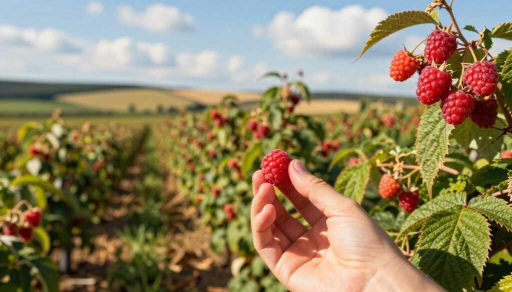 A vibrant, lush raspberry field during harvest season, featuring rows of ripe red raspberries glistening in the sunlight. In the foreground, a close-up view of a hand gently picking ripe raspberries, showcasing their rich color and texture. The middle ground includes bushes laden with berries, highlighting the abundance of fruit in late summer. In the background, a soft-focus landscape of rolling hills under a bright blue sky, dotted with fluffy white clouds, conveys the warmth of late season. The scene is bathed in golden, warm light, evoking a sense of summertime happiness and harvest abundance. The atmosphere is joyful and serene, reflecting the beauty of nature in Poland during the raspberry season. A vibrant, lush raspberry field during harvest season, featuring rows of ripe red raspberries glistening in the sunlight. In the foreground, a close-up view of a hand gently picking ripe raspberries, showcasing their rich color and texture. The middle ground includes bushes laden with berries, highlighting the abundance of fruit in late summer. In the background, a soft-focus landscape of rolling hills under a bright blue sky, dotted with fluffy white clouds, conveys the warmth of late season. The scene is bathed in golden, warm light, evoking a sense of summertime happiness and harvest abundance. The atmosphere is joyful and serene, reflecting the beauty of nature in Poland during the raspberry season.