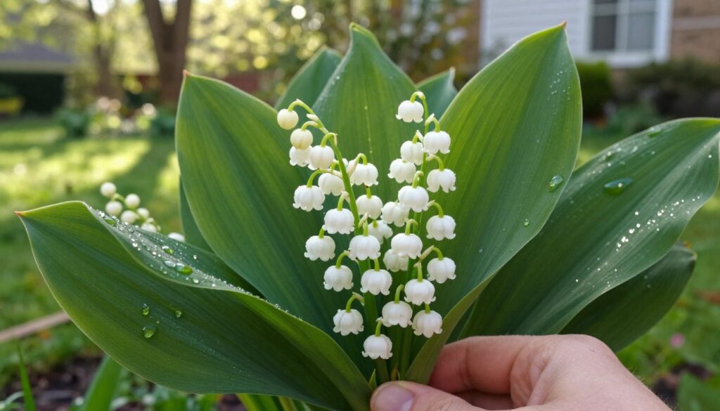 A vibrant scene showcasing the delicate beauty of lily of the valley (konwalia) flowers in full bloom, emphasizing their small white, bell-shaped blossoms. In the foreground, a close-up view of a cluster of these fragrant flowers, surrounded by lush green leaves, glistening with morning dew. In the middle ground, the flowers are held in a hand, illustrating the process of nurturing them to accelerate blooming. The background features a serene garden setting with soft, diffused sunlight filtering through the trees, casting gentle shadows. The mood is tranquil and enchanting, evoking the sweet scent of spring. The perspective is at eye level, enhancing the intimate connection with nature.