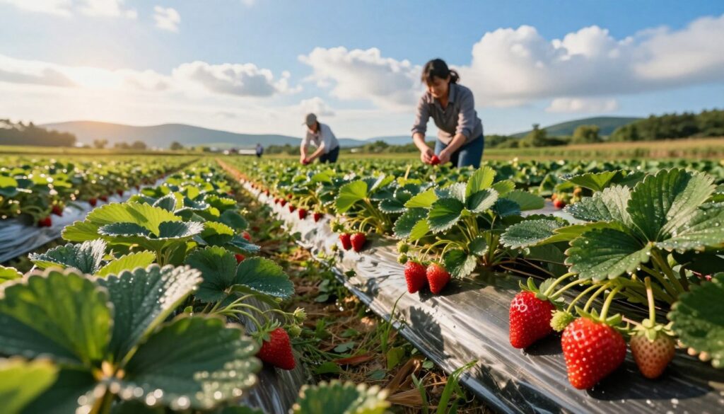 A vibrant strawberry field during the peak of harvest season, filled with lush green plants heavy with ripe, juicy strawberries. In the foreground, close-up berries glisten with morning dew, their deep red color contrasted against the vibrant green leaves. In the middle ground, rows of strawberry plants stretch towards a bright blue sky, dotted with fluffy white clouds. Farmers in modest casual attire are gently picking strawberries, their movements joyful and diligent. The background features distant rolling hills beneath a warm, golden sunlight that enhances the natural beauty of the landscape. The atmosphere is lively and festive, capturing the essence of summer and the sweet anticipation of berry season. Use soft, natural lighting to create a warm, inviting mood, with a slight emphasis on the glistening strawberries.