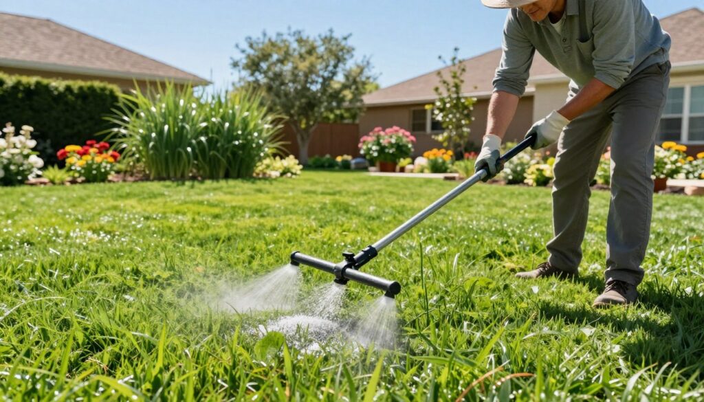 A vibrant suburban garden scene featuring a lush green lawn being fertilized. In the foreground, a professional gardener in modest casual clothing, wearing gloves and a sunhat, carefully spreading granular fertilizer evenly across the grass using a hand-held spreader. The middle ground showcases healthy, thick blades of grass glistening in the sunlight, demonstrating the effects of proper fertilization. In the background, a clear blue sky and blooming flowers create a cheerful, inviting atmosphere. Sunlight casts soft shadows, highlighting the texture of the lawn and the caregiver's focused expression. The overall mood is one of diligence and care for nature, emphasizing sustainable lawn care practices throughout the seasons. A vibrant suburban garden scene featuring a lush green lawn being fertilized. In the foreground, a professional gardener in modest casual clothing, wearing gloves and a sunhat, carefully spreading granular fertilizer evenly across the grass using a hand-held spreader. The middle ground showcases healthy, thick blades of grass glistening in the sunlight, demonstrating the effects of proper fertilization. In the background, a clear blue sky and blooming flowers create a cheerful, inviting atmosphere. Sunlight casts soft shadows, highlighting the texture of the lawn and the caregiver's focused expression. The overall mood is one of diligence and care for nature, emphasizing sustainable lawn care practices throughout the seasons.