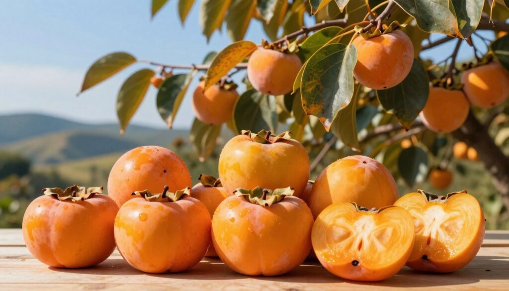 A visually captivating depiction of the seasonal cycle of persimmons (kaki) throughout the year. In the foreground, a vibrant assortment of ripe kaki fruits with varying shades of orange and yellow, some whole and others sliced open to reveal their soft, juicy flesh. The middle ground features a lush persimmon tree with its leaves, displaying colors transitioning from green to autumn hues, indicative of the fruits ripening. In the background, a softly blurred landscape of rolling hills under a bright blue sky, suggesting the seasonal changes. The lighting is warm and inviting, simulating the golden hour, casting gentle shadows that enhance the textures of the fruits. The mood is cheerful and optimistic, celebrating the delicious fruit and its availability by month. A visually captivating depiction of the seasonal cycle of persimmons (kaki) throughout the year. In the foreground, a vibrant assortment of ripe kaki fruits with varying shades of orange and yellow, some whole and others sliced open to reveal their soft, juicy flesh. The middle ground features a lush persimmon tree with its leaves, displaying colors transitioning from green to autumn hues, indicative of the fruits ripening. In the background, a softly blurred landscape of rolling hills under a bright blue sky, suggesting the seasonal changes. The lighting is warm and inviting, simulating the golden hour, casting gentle shadows that enhance the textures of the fruits. The mood is cheerful and optimistic, celebrating the delicious fruit and its availability by month.